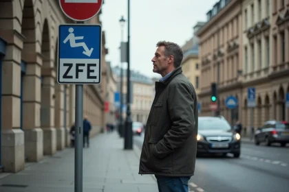 Homme d age moyen regardant un panneau ZFE en ville