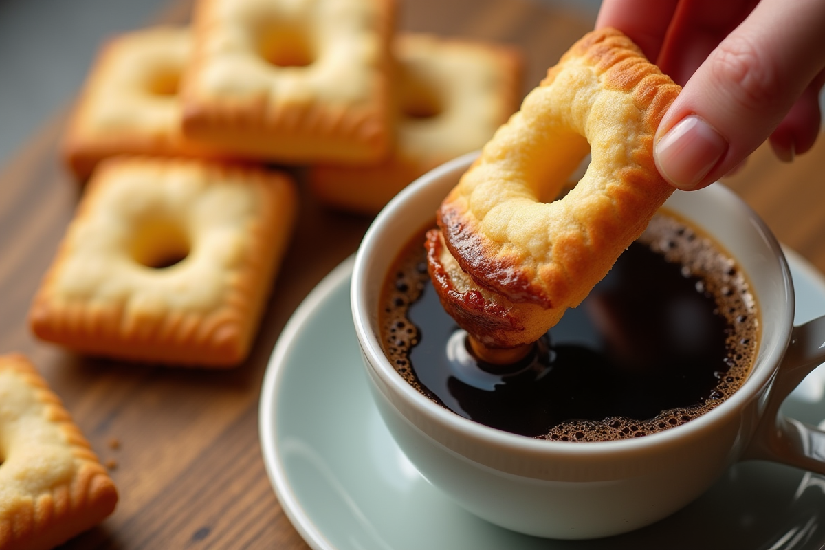 Biscuits ladyfinger trempés dans un espresso dans une cuisine lumineuse