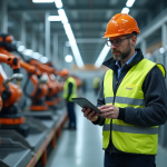 Ingénieur en usine automobile avec robots modernes