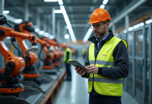 Ingénieur en usine automobile avec robots modernes