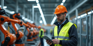 Ingénieur en usine automobile avec robots modernes
