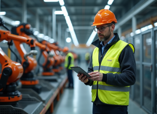 Ingénieur en usine automobile avec robots modernes