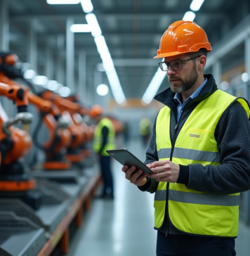 Avenir de Stellantis : perspectives et enjeux du géant de l’automobile Ingénieur en usine automobile avec robots modernes