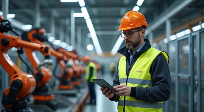 Ingénieur en usine automobile avec robots modernes