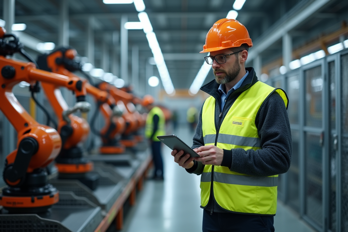 Ingénieur en usine automobile avec robots modernes