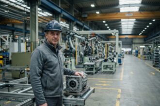 Ingénieur industriel inspectant un entraînement décentralisé monté sur un convoyeur dans une usine automobile moderne