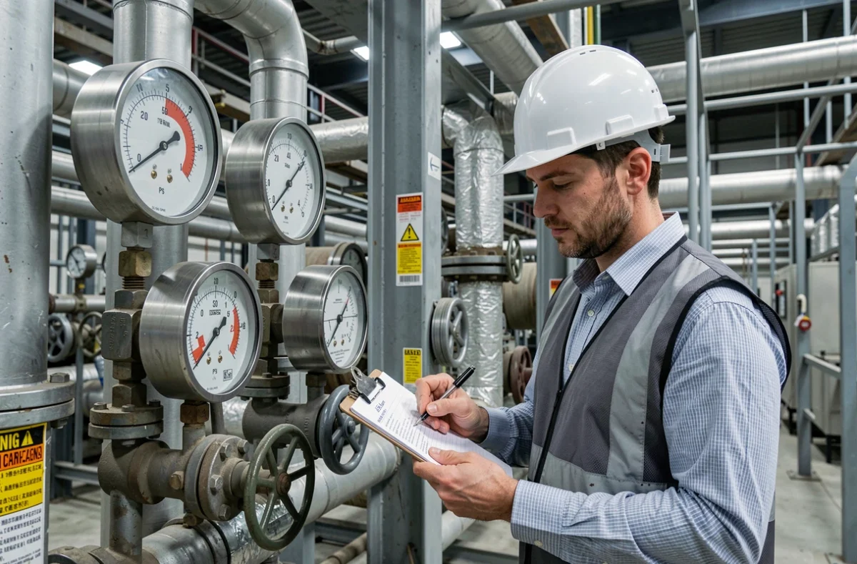 Ingénieur industriel consultant des manomètres analogiques en bar et psi sur des tuyaux de pression dans une usine