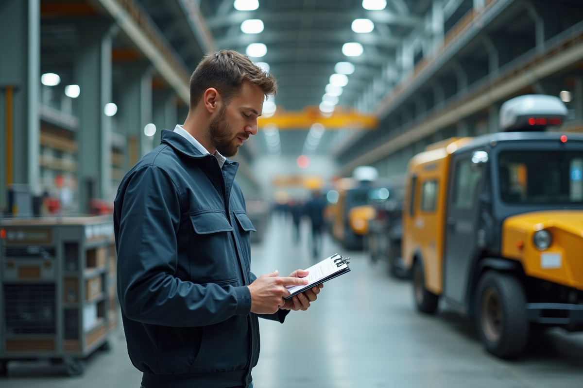 Jeune ingénieur industriel inspectant une machine en usine