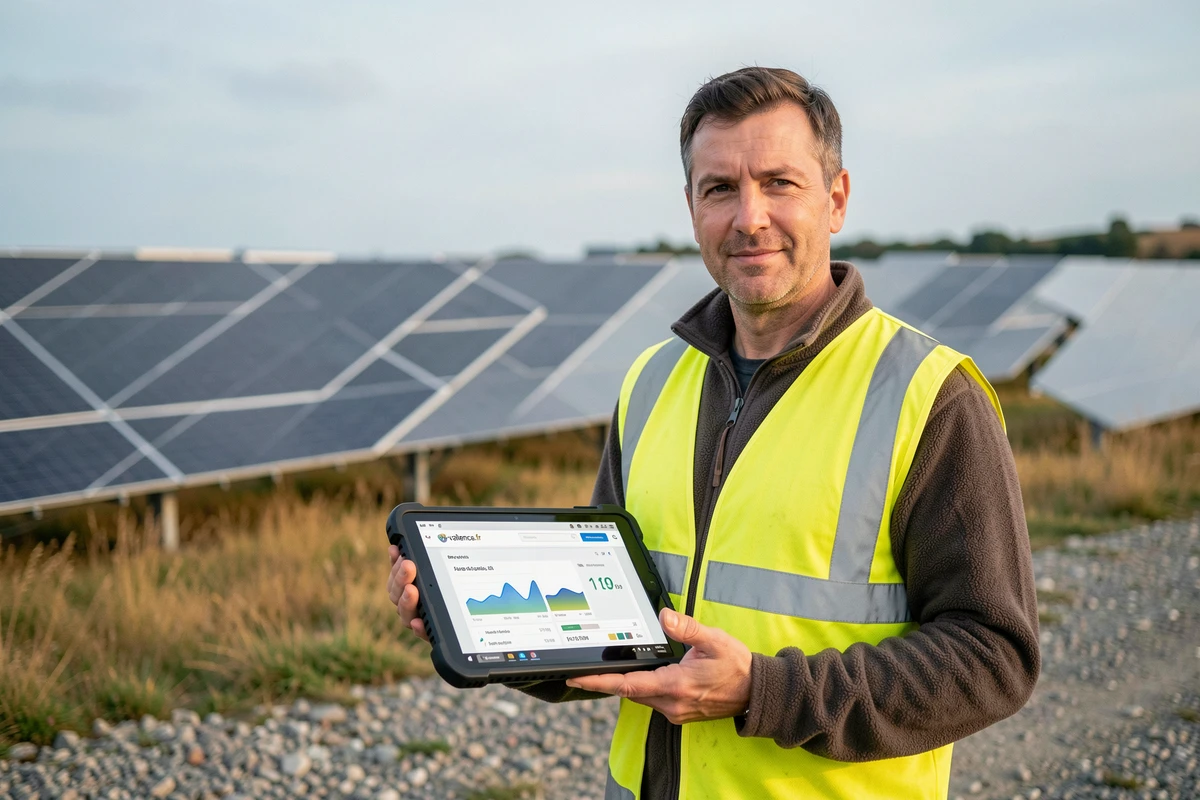 Ingénieur consultant la plateforme Co-valence.fr sur une tablette devant une installation de panneaux solaires en milieu rural français