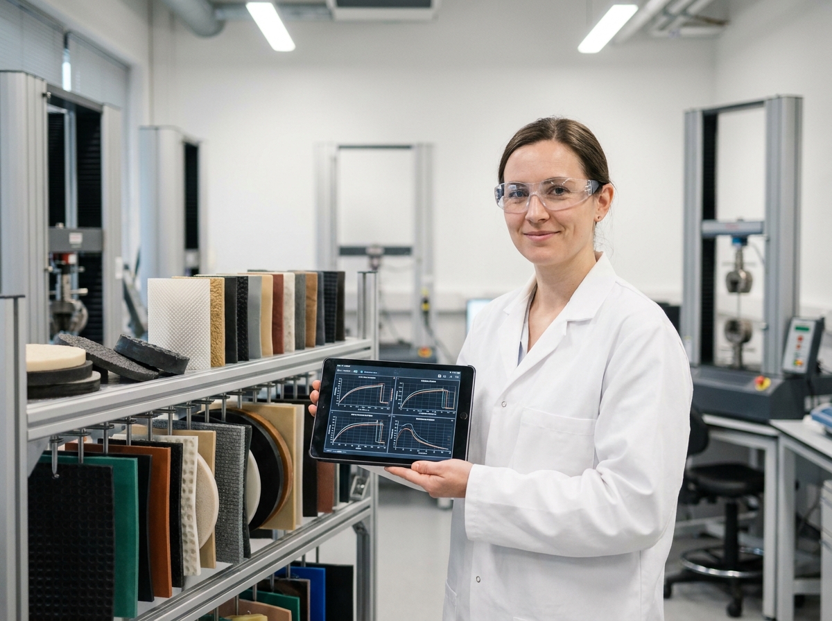 Ingénieure qualité évaluant des échantillons d'élastomères dans un laboratoire industriel moderne