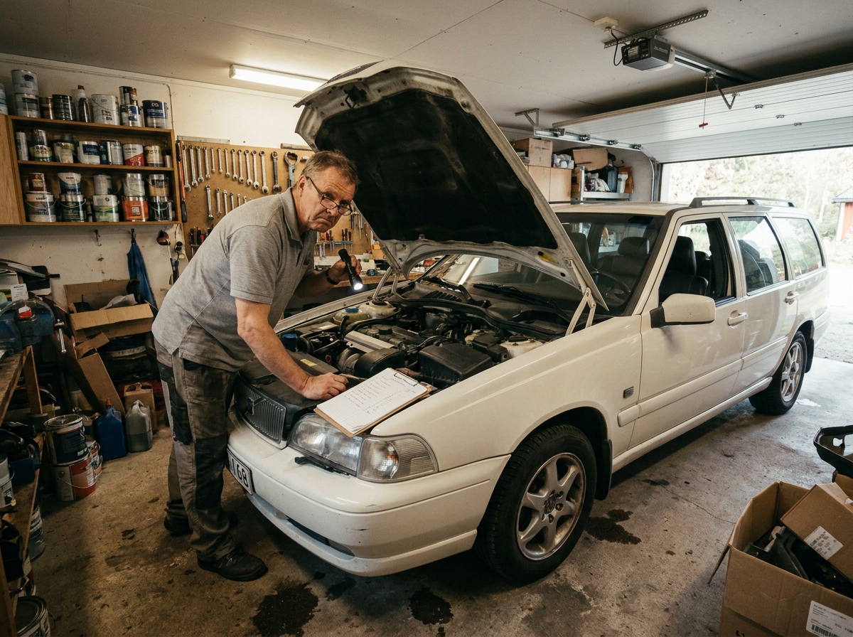 Homme inspectant lui-même le moteur de sa voiture dans un garage domestique avec une lampe torche et une checklist