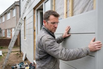 Artisan installant des panneaux de bardage composite sur la façade d'une maison en rénovation en 2026