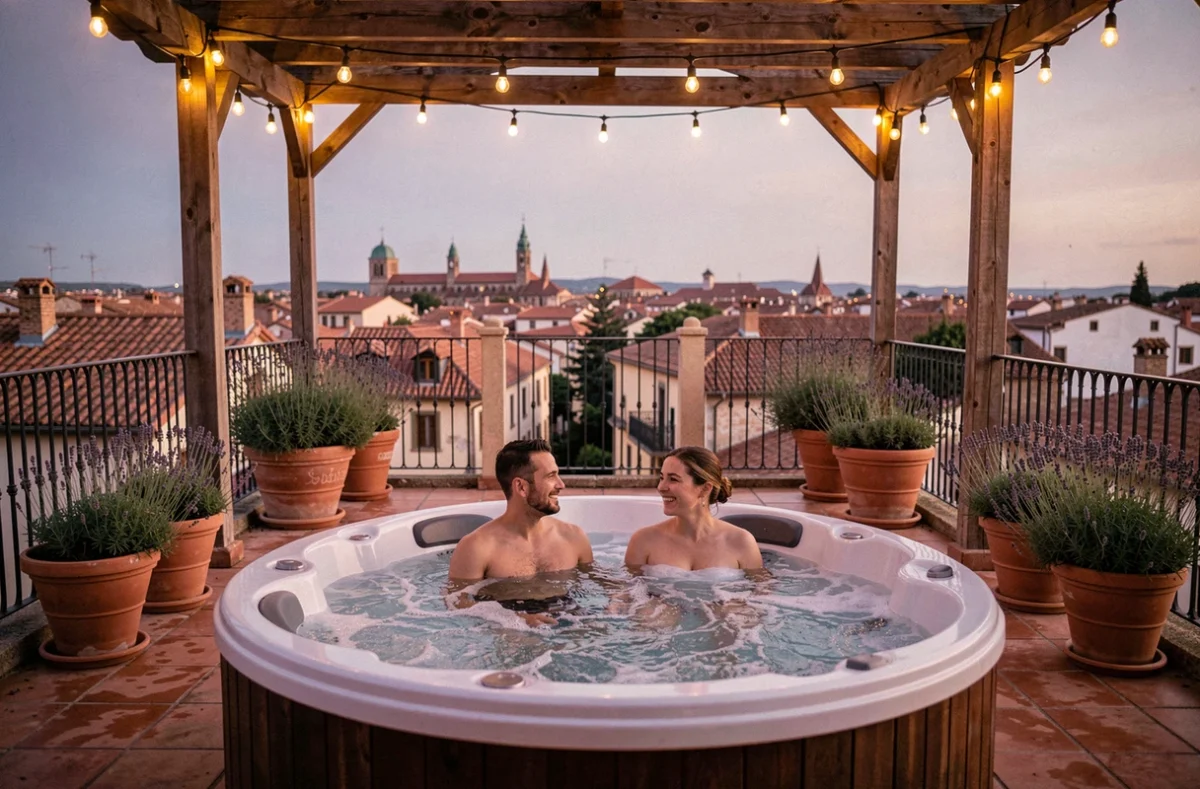 Couple dans un jacuzzi privatif en terrasse avec vue sur les toits de Toulouse au crépuscule