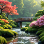 Jardin japonais fleuri avec pont en bois et pierres vertes