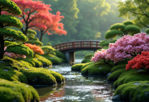 Jardin japonais fleuri avec pont en bois et pierres vertes