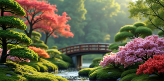 Jardin japonais fleuri avec pont en bois et pierres vertes