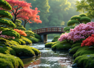 Jardin japonais fleuri avec pont en bois et pierres vertes