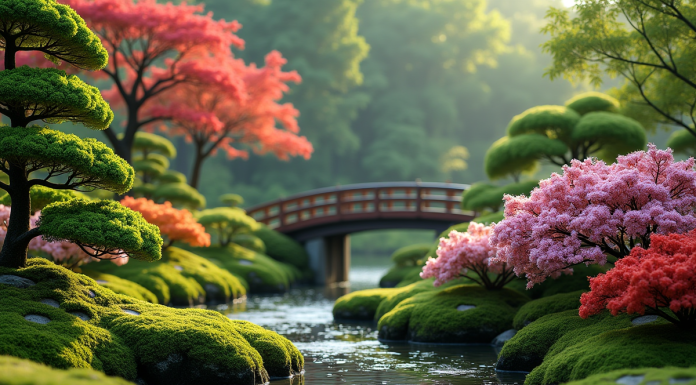 Jardin japonais fleuri avec pont en bois et pierres vertes