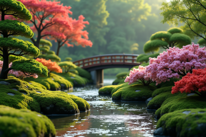 Jardin japonais fleuri avec pont en bois et pierres vertes