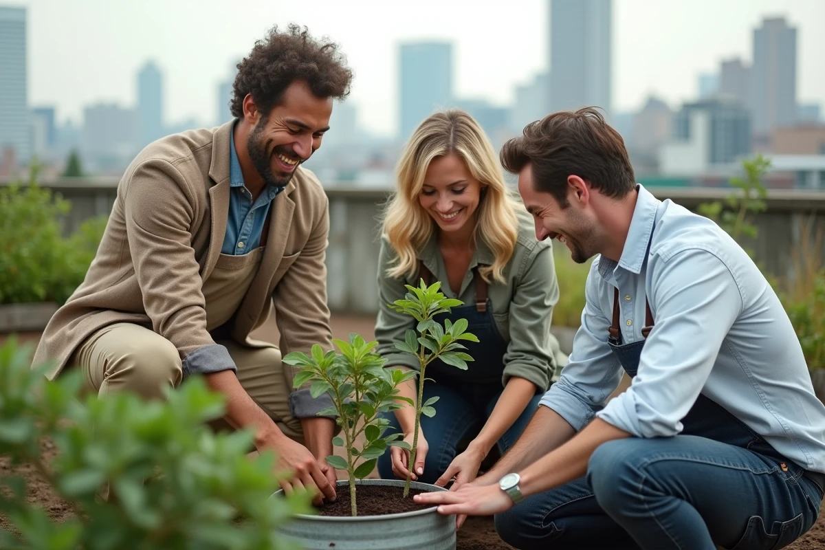 Groupe d adultes plantant des arbres dans un jardin urbain sur un toit
