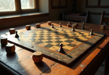 Table ancienne avec plateau de jeu de la 18e siècle et pièces vintage