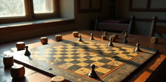 Table ancienne avec plateau de jeu de la 18e siècle et pièces vintage