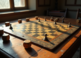 Table ancienne avec plateau de jeu de la 18e siècle et pièces vintage