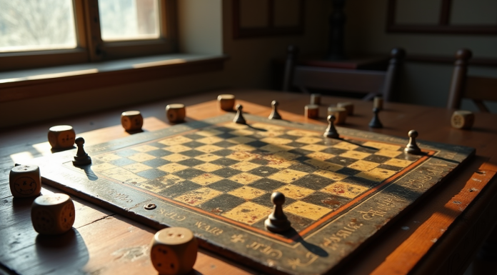 Table ancienne avec plateau de jeu de la 18e siècle et pièces vintage