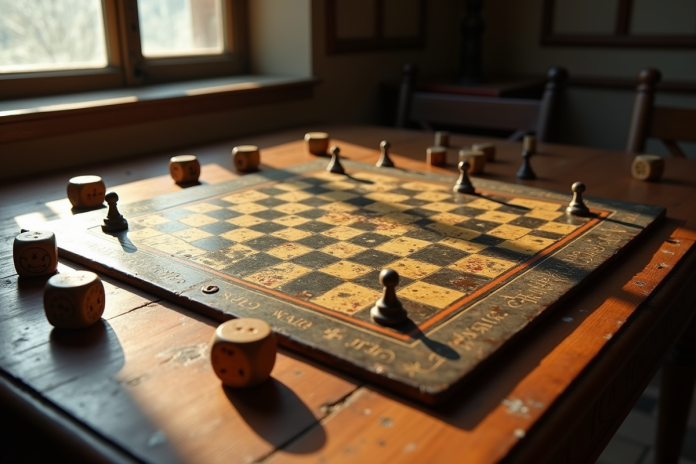 Table ancienne avec plateau de jeu de la 18e siècle et pièces vintage
