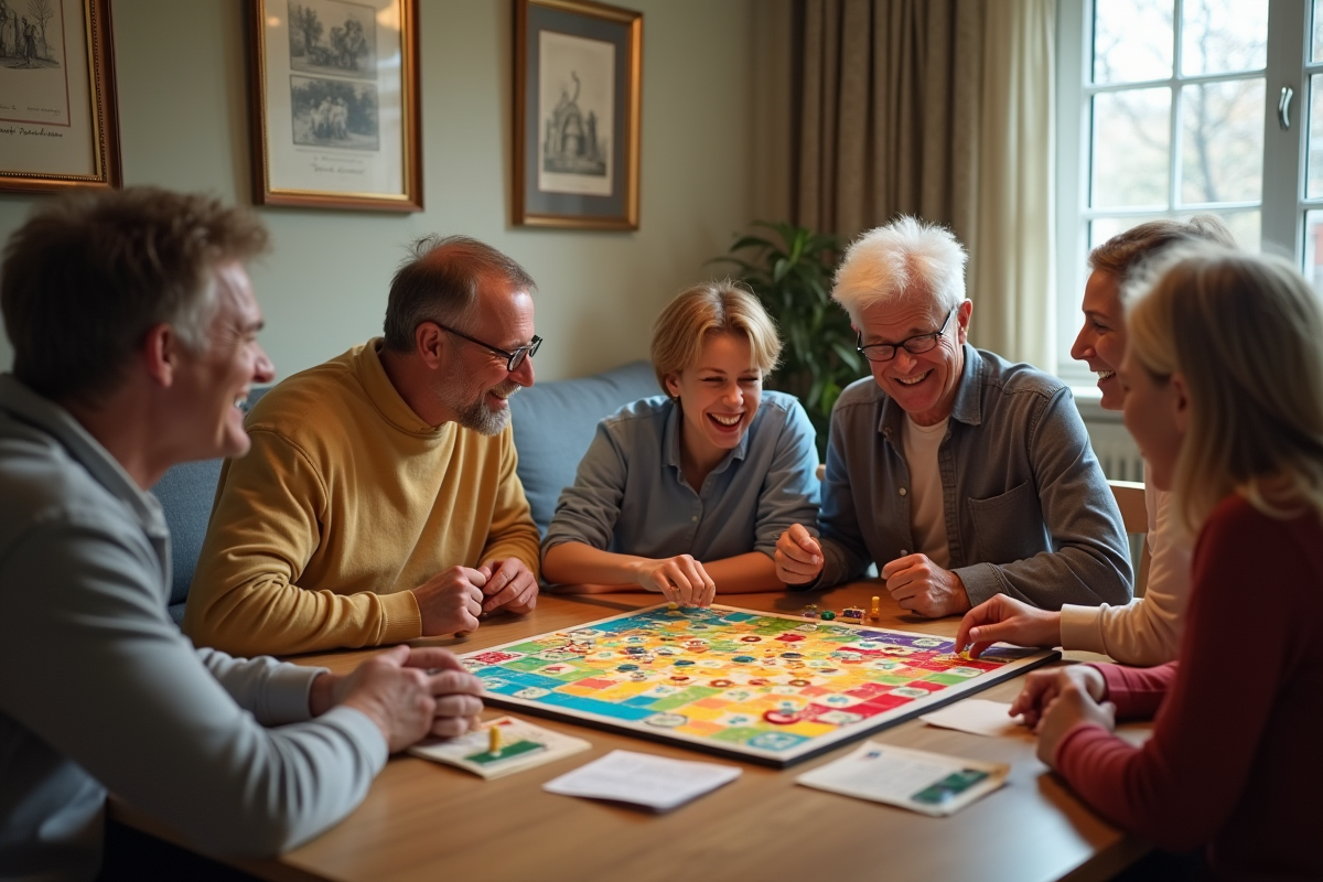 Groupe familial jouant à un jeu de la ouse moderne dans un salon lumineux