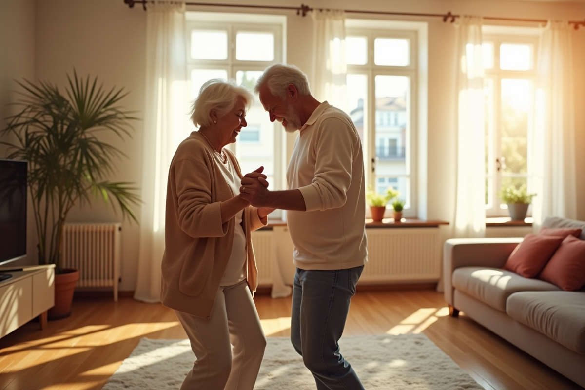 Couple mature dansant dans un salon lumineux en matinée