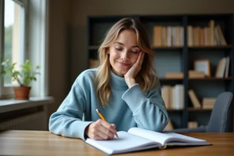 Jeune femme studieuse en train d'étudier le français