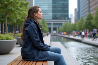 Jeune femme assise sur un banc en ville avec fontaine et bâtiments modernes