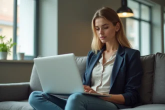 Jeune femme en blazer dans un espace coworking lumineux