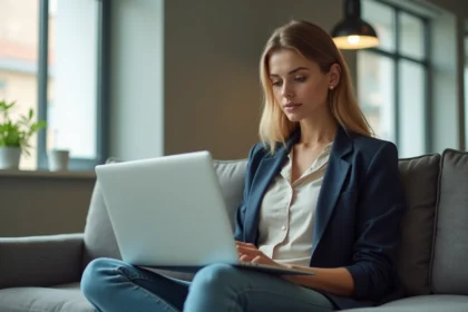 Jeune femme en blazer dans un espace coworking lumineux
