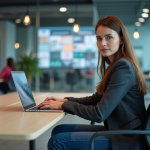 Secteur digital : Décryptage et définition d’un incontournable du numérique Jeune femme en blazer travaillant sur un laptop dans un bureau moderne