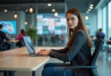 Secteur digital : Décryptage et définition d’un incontournable du numérique Jeune femme en blazer travaillant sur un laptop dans un bureau moderne