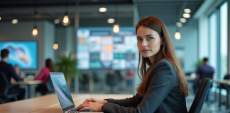 Secteur digital : Décryptage et définition d’un incontournable du numérique Jeune femme en blazer travaillant sur un laptop dans un bureau moderne