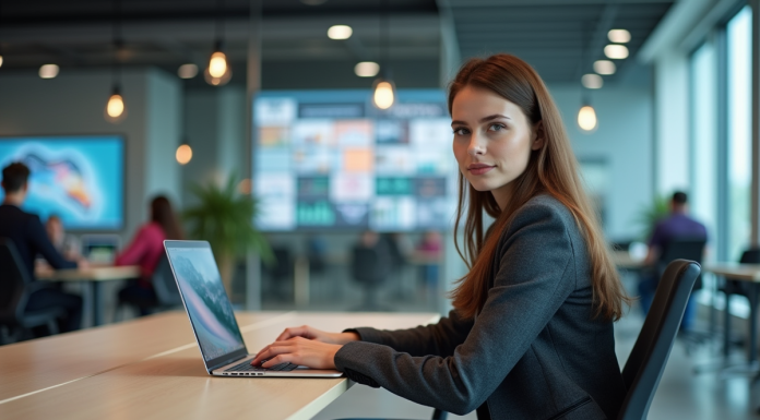 Secteur digital : Décryptage et définition d’un incontournable du numérique Jeune femme en blazer travaillant sur un laptop dans un bureau moderne