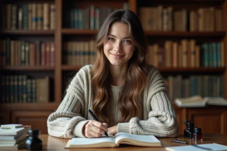 Jeune femme écrivant dans un journal dans une ambiance cozy