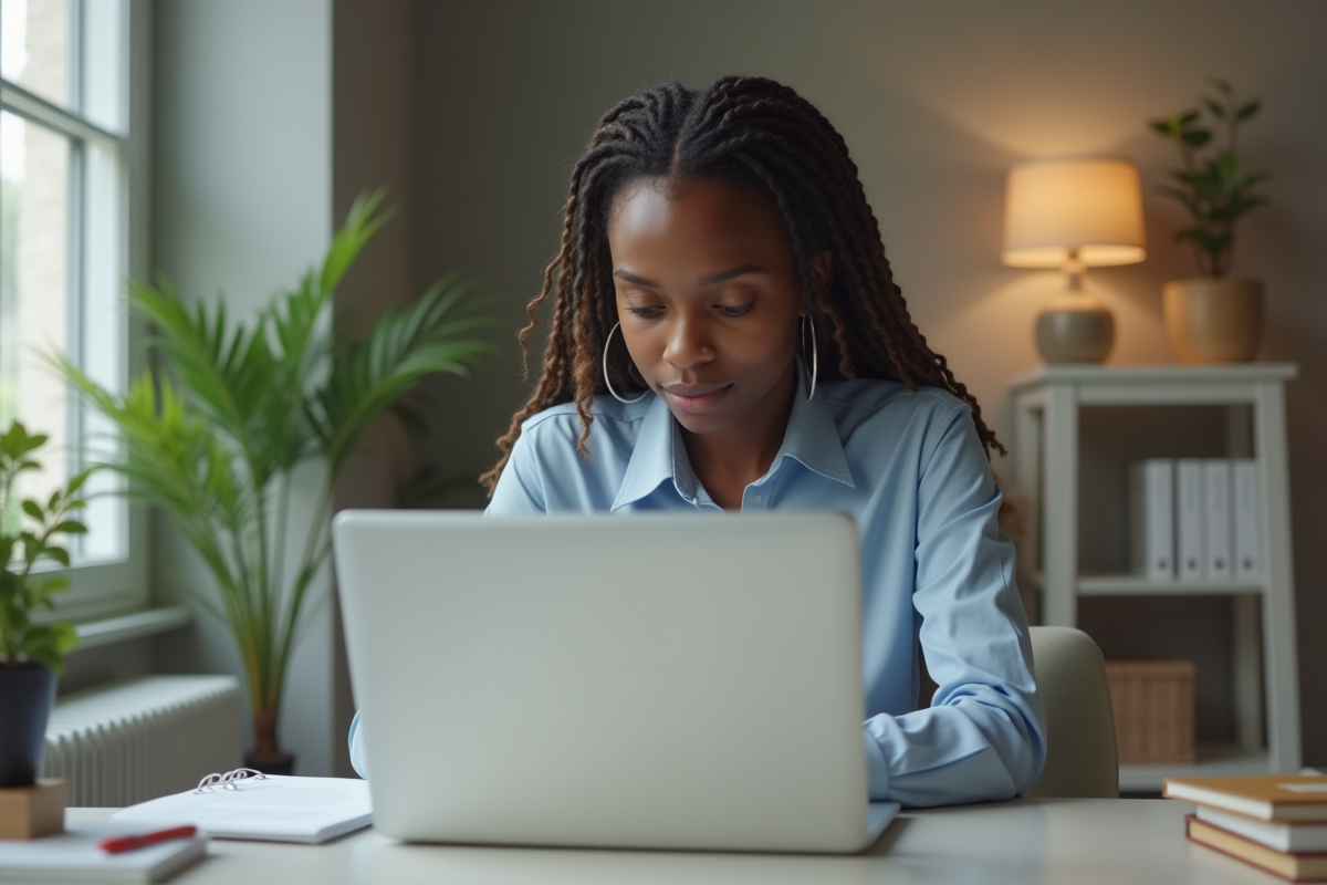 Jeune femme africaine concentrée sur son ordinateur portable