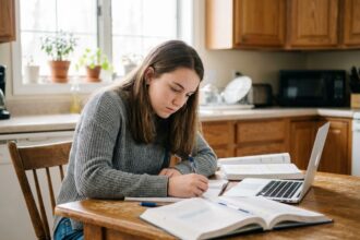 Jeune femme concentrée à étudier dans sa cuisine