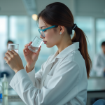 Parfum d’hydrogène : quelle est son odeur ? Jeune femme en laboratoire tenant un flacon avec curiosite