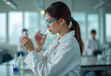 Jeune femme en laboratoire tenant un flacon avec curiosite