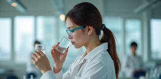 Jeune femme en laboratoire tenant un flacon avec curiosite
