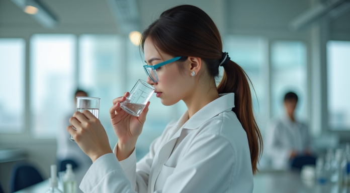 Parfum d’hydrogène : quelle est son odeur ? Jeune femme en laboratoire tenant un flacon avec curiosite