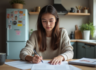 Jeune femme en cuisine étudiant des documents