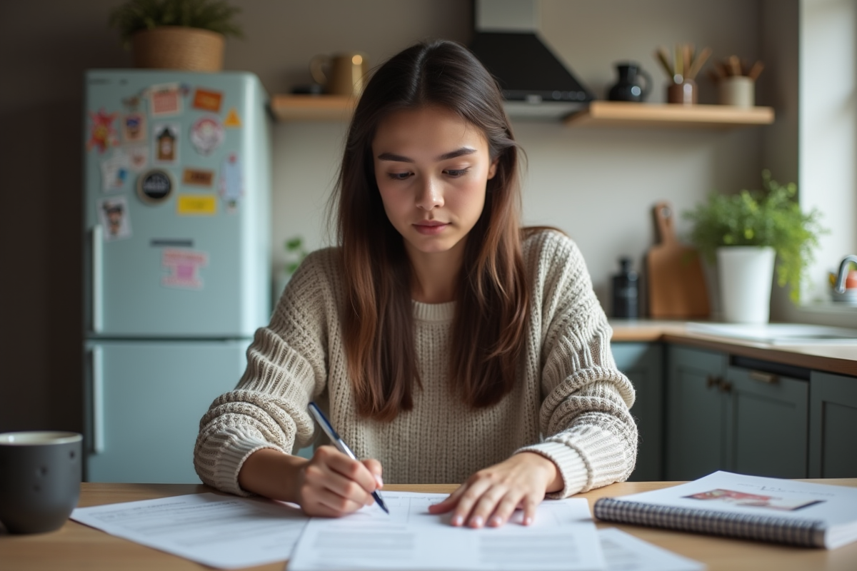Jeune femme en cuisine étudiant des documents