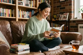 Jeune femme lisant un manga sur un canapé en cuir dans un appartement cosy entouré de livres