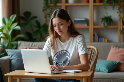 Jeune femme assise à son bureau en intérieur avec plantes